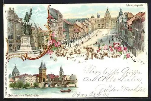 Lithographie Prag / Praha, Brückenthor und Karlsbrücke, Wenzelsplatz