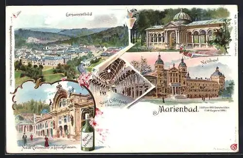 Lithographie Marienbad, Neubad, Neue Colonnade und Kreuzbrunnen