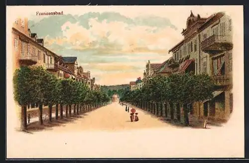 Lithographie Franzensbad, Strassenpartie mit Gebäudeansicht