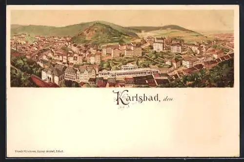 Lithographie Karlsbad, Panoramablick auf den Ort