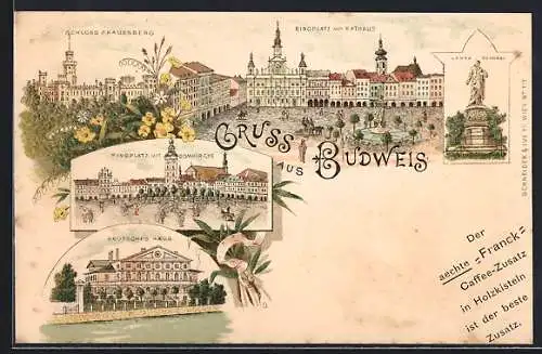 Lithographie Budweis / Ceske Budejovice, Deutsches Haus, Ringplatz mit Rathaus, Lanna Denkmal