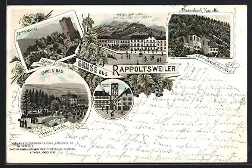 Lithographie Rappoltsweiler, Hôtel zum Lamm, St. Ulrichsburg, Carola Bad, Metzgerturm