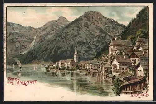 Künstler-Lithographie Erwin Spindler: Hallstatt, Blick zum Ort mit Gebirgspanorama