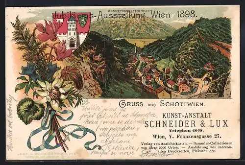 Lithographie Schottwien, Jubiläums-Ausstellung Wien 1898, Totalansicht gegen den Sonnenwendstein