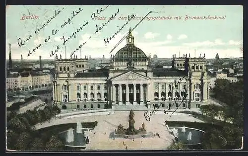 AK Berlin, Platz vor dem Reichstagsgebäude mit Bismarckdenkmal