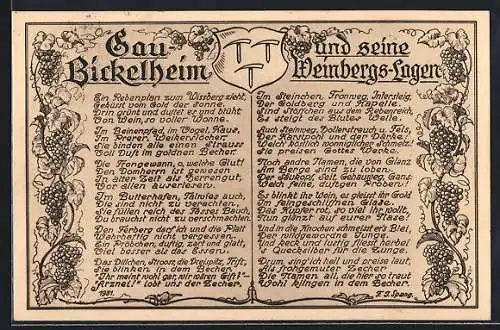 AK Bickelheim, Wappen, Weintrauben und Liedtext Ein Rebenplan zum Wissberg zieht...