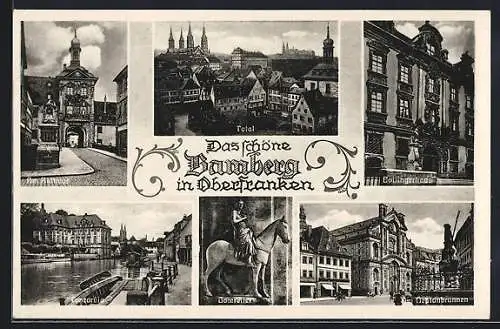 AK Bamberg /Oberfranken, Bottingerhaus, Neptunbrunnen, Concordia, Rathaus und Domreiter