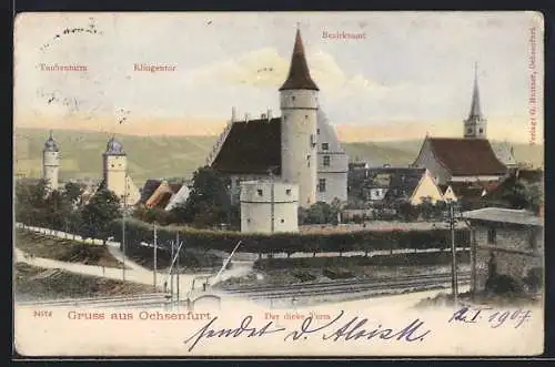 AK Ochsenfurt / Main, Der dicke Turm mit Klingentor und Bezirksamt