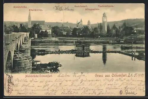 AK Ochsenfurt am Main, Partie an der Mainbrücke, Blick zur Pfarrkirche, Bezirksamt, Klingenthor