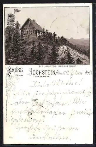 Lithographie Hochsteinbaude /Isergebirge, Ansicht mit dem Aussichtsturm