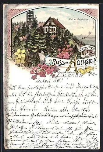 Lithographie Hochsteinbaude /Isergebirge, Ansicht mit Aussichtsturm im floralen Passepartout