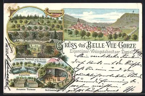 Lithographie Gorze, Weingut Belle-Vue, Park mit Höhle und Terrasse, Schiessstand, Ortsansicht