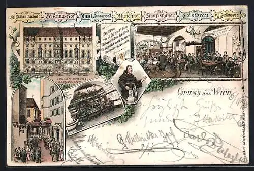 Lithographie Wien, Gastwirtschaft St. Anna-Hof, Annagasse 3, Johann Strobl, Fassade und Innenansicht