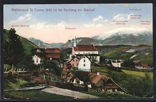 AK St. Corona bei Kirchberg, Ortsansicht mit Raxalpe, Mittagstein, Klosterwappen, Kaiserstein, Waxriegel, Schneeberg