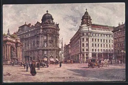 Künstler-AK Wien, Albrechtsplatz mit Denkmal und Geschäften