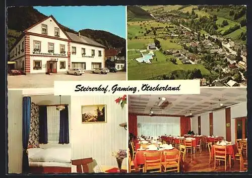 AK Gaming /Ötscherland, Restaurant Steirerhof der Eheleute Pold mit Innenansichten, Ortsansicht