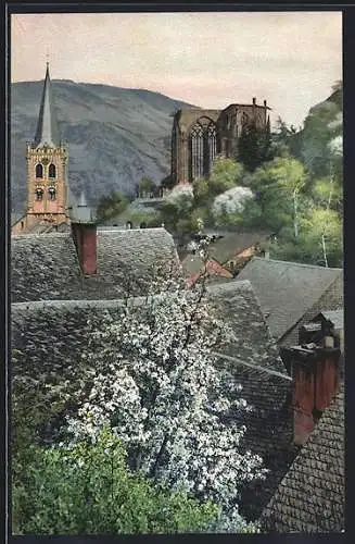 Künstler-AK Photochromie Nr. 2441: Baumblüte mit Kirche, Ruine und Wohnhäusern