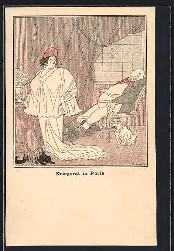 Künstler-AK Kriegsrat in Paris, Karikatur