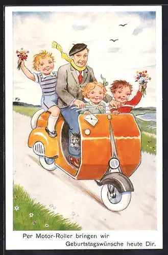 AK Geburtstagsgratulanten auf dem Motorroller