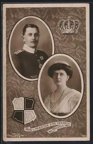 AK Prinz und Prinzessin Eitel Friedrich von Preussen mit Wappen und Krone