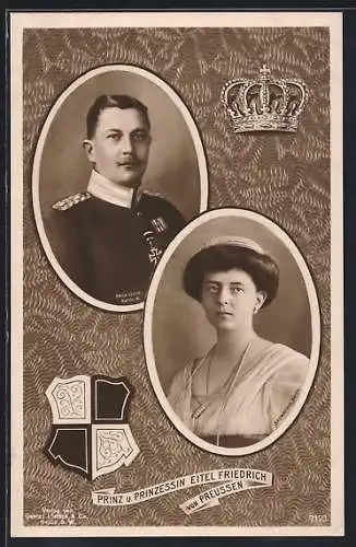 AK Prinz und Prinzessin Eitel Friedrich von Preussen mit Wappen und Krone