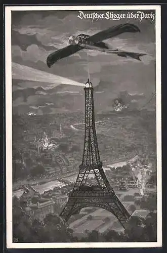 AK Paris, Deutscher Flieger über Paris, Eiffelturm