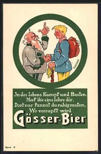 Künstler-AK Brauerei-Werbung für Gösser-Bier aus dem Hause Gösser Brauerei AG, Vater gibt seinem Sohn einen guten Rat