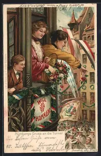 AK Nürnberg, X. Deutsches Turnfest 1903, Frauen werfen Blumen aus dem Fenster