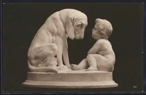 AK Skulptur von einem Kleinkind und einem Hund v. M. Götze, Kannst du nicht Sprechen?