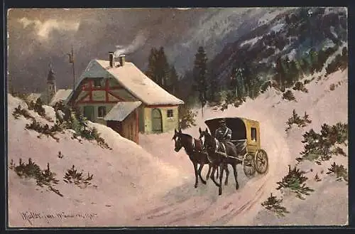 Künstler-AK M. Müller jun.: Postkutsche in winterlicher Landschaft