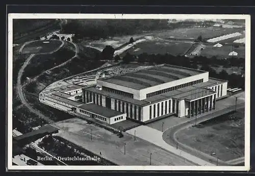 AK Berlin-Charlottenburg, Deutschlandhalle vom Flugzeug aus gesehen