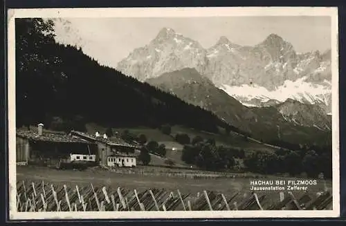 AK Hachau, Jausenstation Zeferer mit Gebirgspanorama