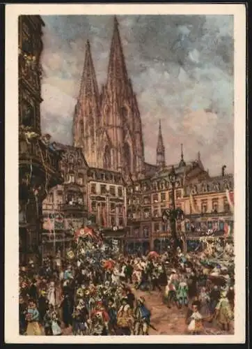 Künstler-AK Köln, Karnevalsumzug und Dom, n