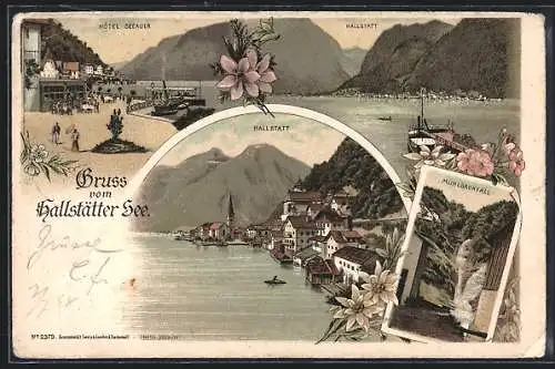 Lithographie Hallstatt, Hotel Seeauer, Mühlbachfall, Ortsansicht am Hallstätter See