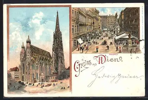 Lithographie Wien I, Graben, Stephans-Dom, Um 1900