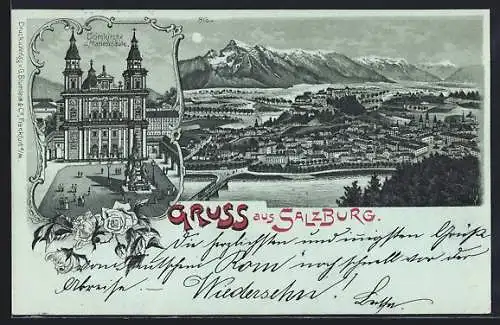 Mondschein-Lithographie Salzburg, Domkirche und Mairensäule, Teilansicht