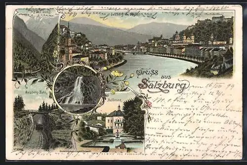 Lithographie Salzburg, Pass Lueg, Hellbrunn, Gaisberg-Bahn, Gollinger Wasserfall, Salzburg von Mülln