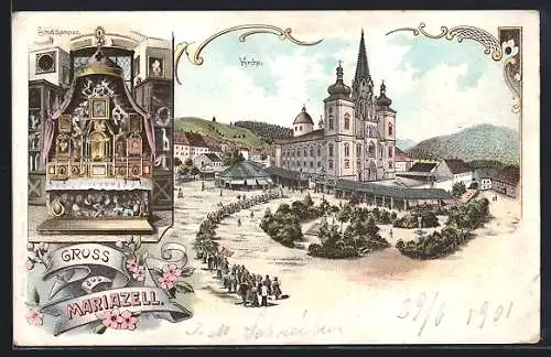 Lithographie Mariazell, Kirche und Schatzkammer