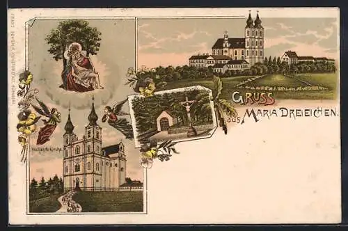 Lithographie Maria Dreieichen, Teilansichten mit Wallfahrtskirche und Bründl