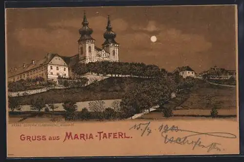 Mondschein-Lithographie Maria-Taferl, Ortspartie mit Kirche