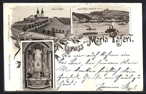 Lithographie Maria Taferl, Kirche, Gnaden-Altar, Teilansicht mit Marbach a. Donau