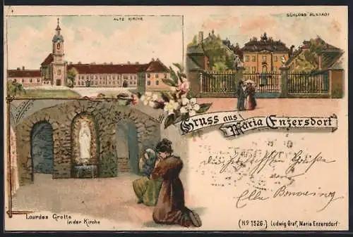 Lithographie Maria Enzersdorf, Alte Kirche, Lourdes Grotte in der Kirche, Schloss Hunyady