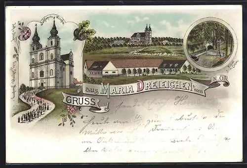 Lithographie Maria Dreieichen b. Horn, Wallfahrts-Kirche, Bründl Drei Eichen, Ortspartie