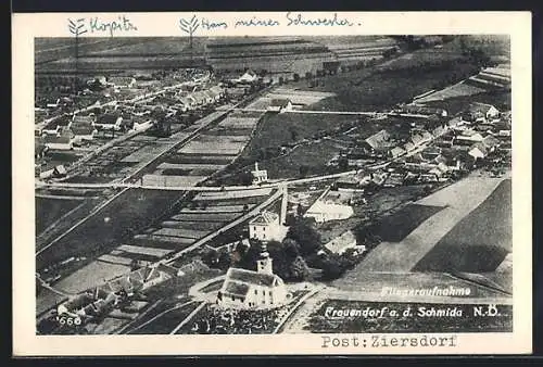 AK Ziersdorf, Frauendorf a. d. Schmida, Teilansicht mit Kirche, Fliegeraufnahme