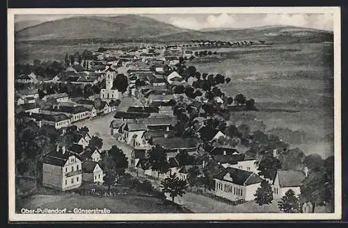 AK Oberpullendorf, Ortsansicht mit Günserstrasse und Bergpanorama aus der Vogelschau