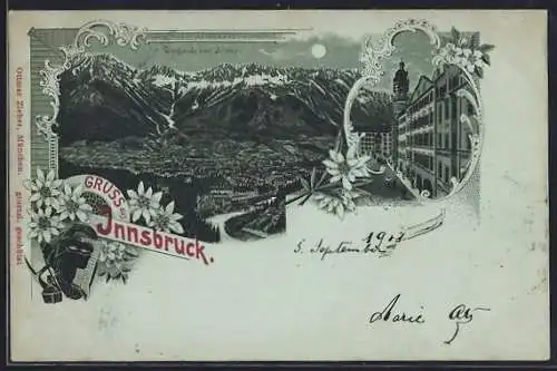 Mondschein-Lithographie Innsbruck, Gesamtansicht vom Sillthal, Gold. Dachl u. Stadtthurm, Blumen, Ornamente