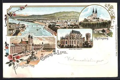 Lithographie Linz, Mariendom, Franz-Josef-Platz, Pöstlingberg, Ortsansicht