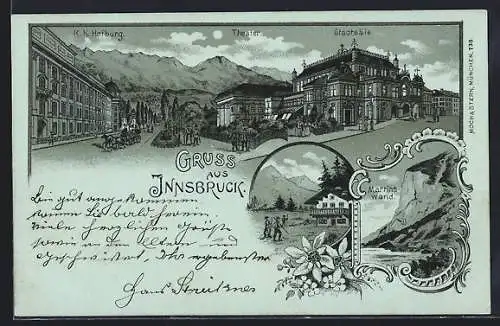 Mondschein-Lithographie Innsbruck, Marrinswand, Berghütte, Strassenpanorama mit Hofburg, Theater und Stadtsäle