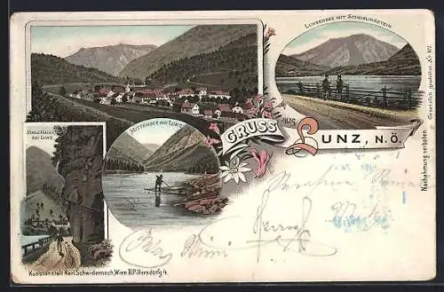 Lithographie Lunz /N. Ö., Lunzersee mit Scheiblingstein, Mittersee, Hohle Mauer