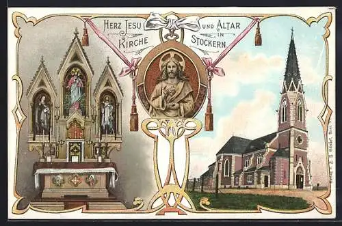 Lithographie Meiseldorf, Stockern, Herz Jesu-Kirche, Aussen- u. Innenansicht, Altar